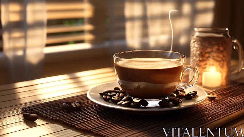 Morning sunlight turns steaming coffee into liquid quiet