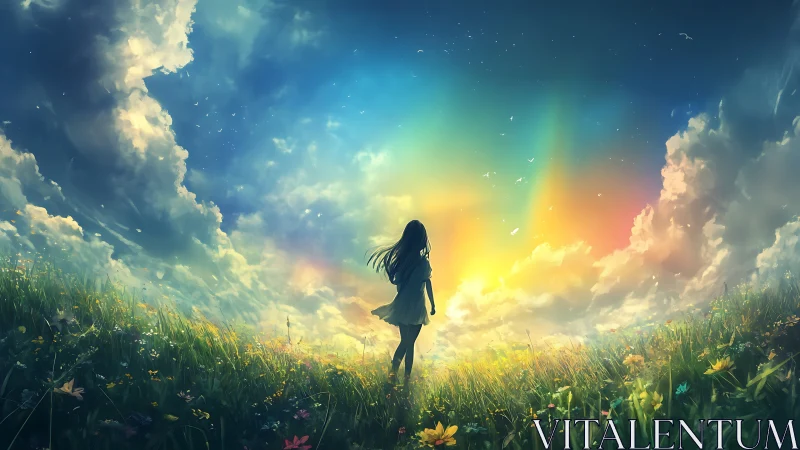 Backlit girl in luminous meadow under radiant skyscape.
