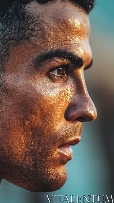 High-contrast male profile with sweat-sheened skin and sharp focus