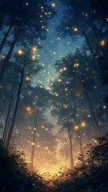 Forest Path with Glowing Lights and Mystical Atmosphere