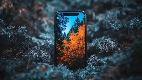 Smartphone Displays Autumn Forest in Winter Landscape Setting.