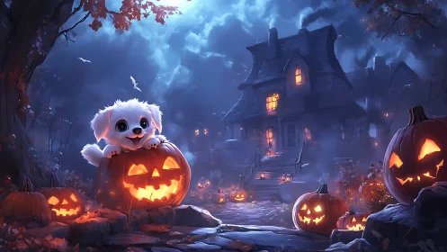 Puppy peeks from glowing jack o lantern before haunted house