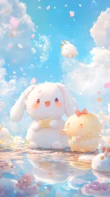 Fluffy bunny mascots sharing letters on reflective sky pond