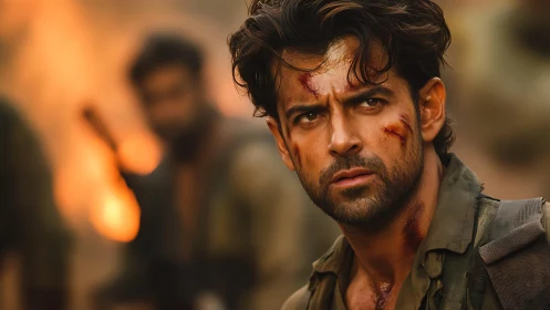 Battle-worn hero holding his ground in the firelit chaos.