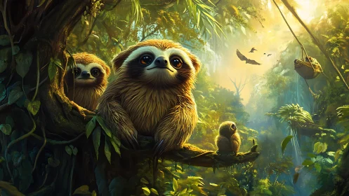 Cute sloths resting on jungle branches in warm sunlight.
