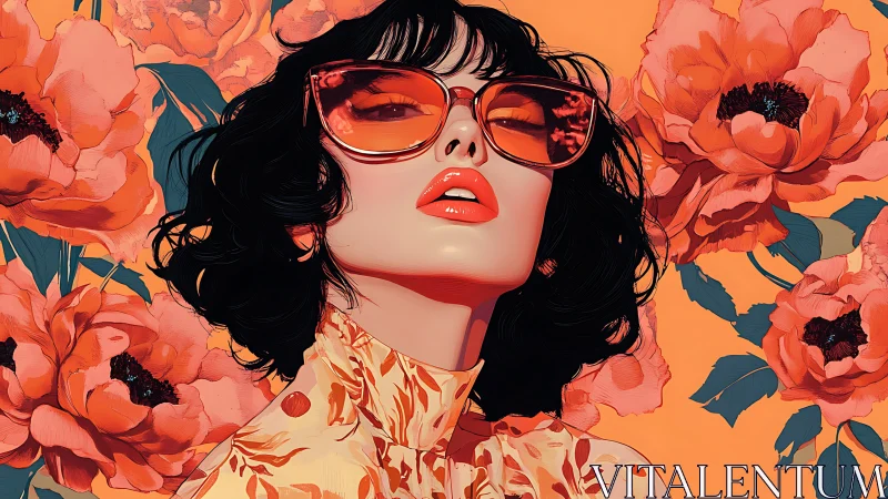 Stylish woman in orange floral pop art portrait composition.