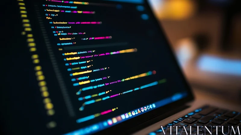 Low-light laptop screen displays syntax highlighted source code lines