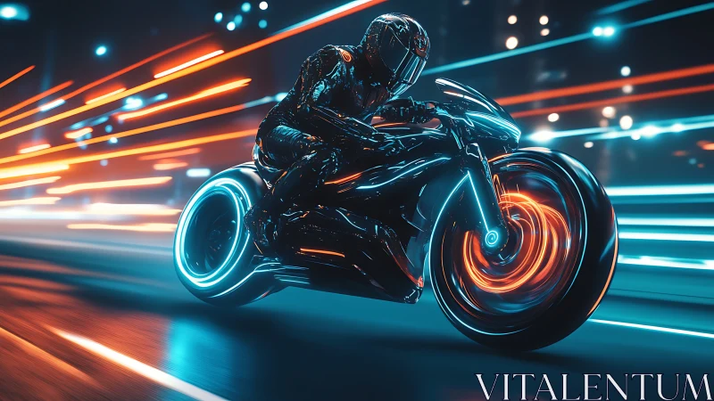 Futuristic neon motorcycle racing through a glowing city street.