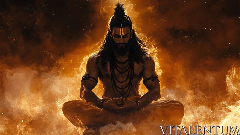 Meditating warrior figure in fiery orange atmospheric glow.