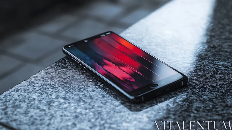 Smartphone on concrete surface displaying colorful gradient wallpaper