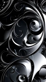 Chrome fractal swirls over black reflective abstract field.
