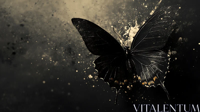 Dark butterfly emerges in a storm of golden paint splashes