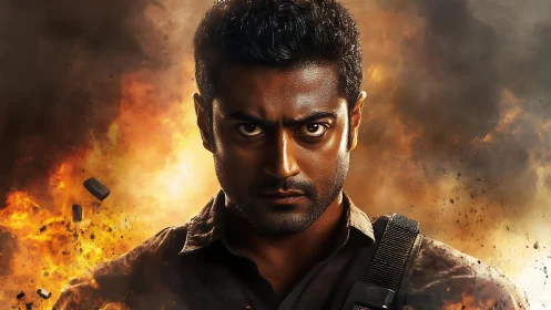Intense action hero portrait set against fiery explosion backdrop