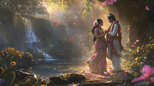 Couple in Ornate Attire by Enchanted Waterfall