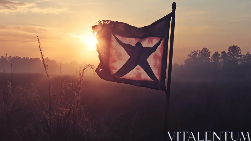 Weathered star flag backlit by low sunrise over misty field