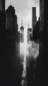 Monochrome skyscraper canyon over misty urban avenue.