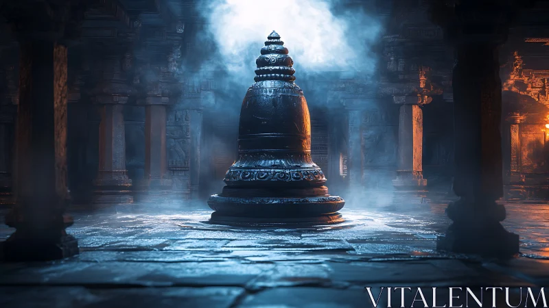 Volumetric-lit stone shrine in mist-laden temple interior.