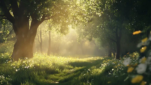 Morning sunbeams wander softly through a wildflower grove