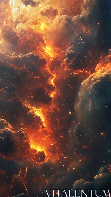 Chaotic clouds and lightning ruptures in golden-orange sky.