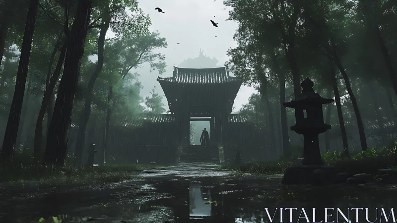 Misty forest gate and lone wanderer after the rainfall.