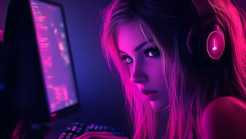 Neon-lit gamer girl coding at desktop in magenta glow.