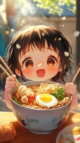 Delighted child gazes at steaming ramen bowl in sunlight.