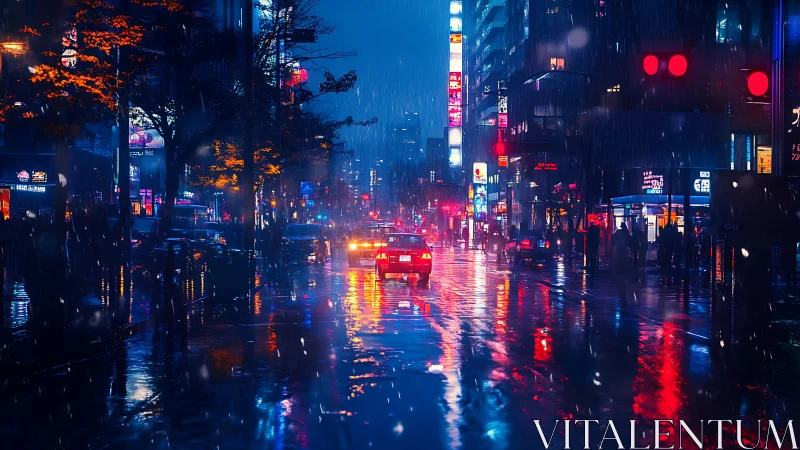 Neon soaked night street under reflective city rainfall.