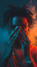 Portrait in dramatic blue and orange studio lighting.