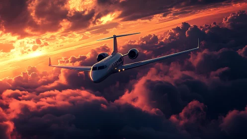 Sunset jet crossing luminous storm-tinted cloud oceans.