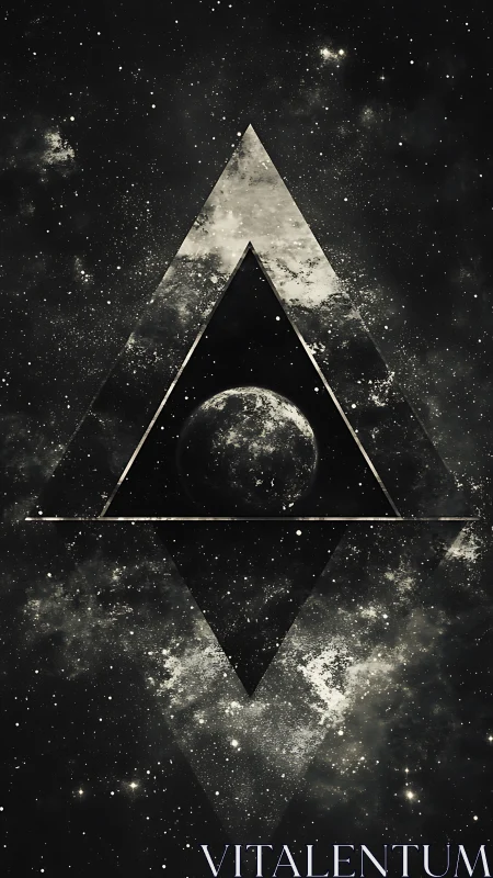 Geometric lunar form intersects layered cosmic triangle field