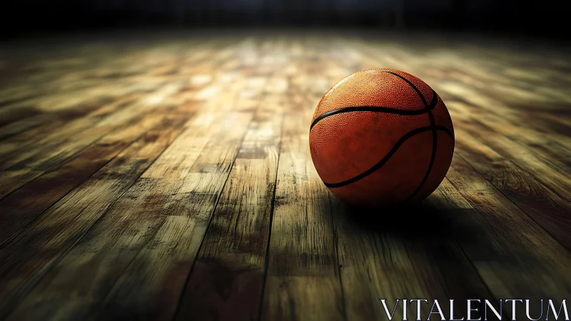 Basketball resting on worn hardwood court under spotlight.