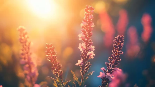 Wildflower spikes glow in dreamy golden evening light