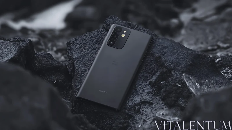 Black smartphone positioned on textured dark stone surface