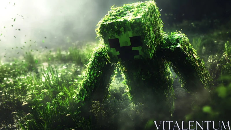 Lush voxel creature emerging through cinematic forest fog.