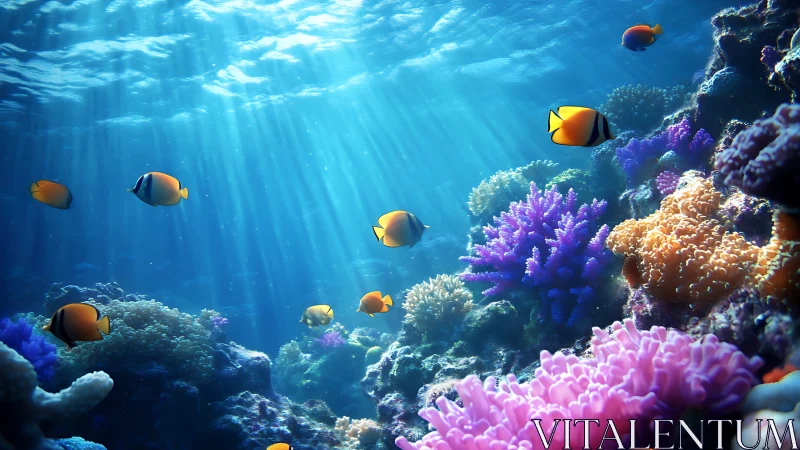 Colorful reef fish swim above detailed coral formations