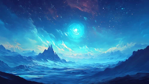 Starlit ice valley under a glowing celestial blue sun.