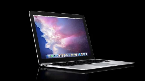 Sleek aluminum laptop rendered against high-gloss black ground