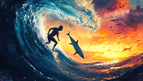 Surfer and shark silhouette inside vivid sunset wave.