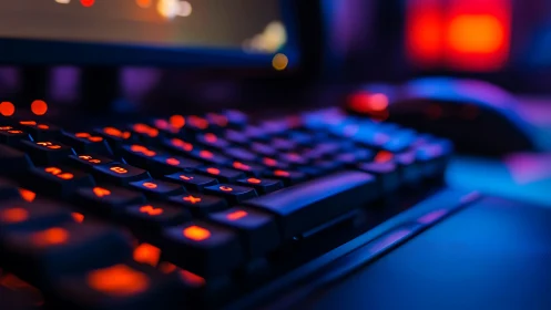 Backlit gaming keyboard and mouse in neon room light.