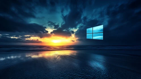 Windows logo over dramatic ocean sunset digital wallpaper.