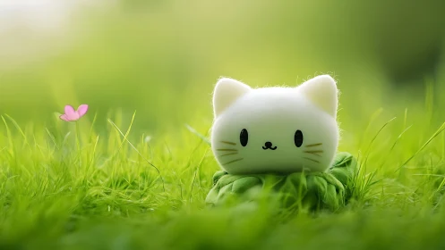 Adorable White Kitten Resting in Lush Green Meadow