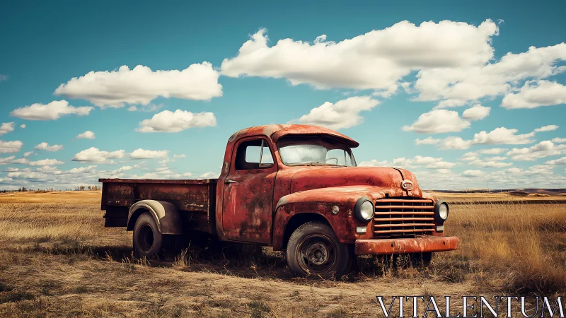 Rusty red vintage pickup truck rests in open prairie field