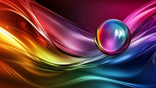 Spherical glass object on multicolored flowing abstract waves.