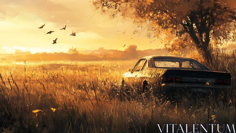 Sunlit field embrace with a quiet car at golden hour.