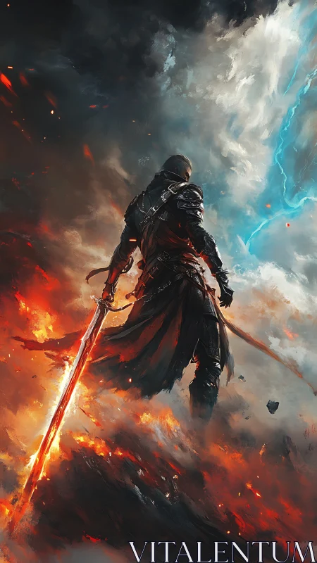 Armored warrior with flaming sword amid stormfire rift