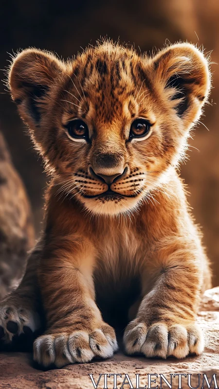 Golden lion cub portrait with dramatic warm lighting.