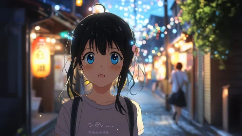 Anime girl walks through softly lit evening alleyway scene