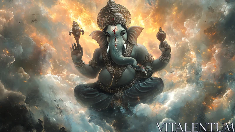 Cosmic elephant deity seated in blazing storm of clouds.