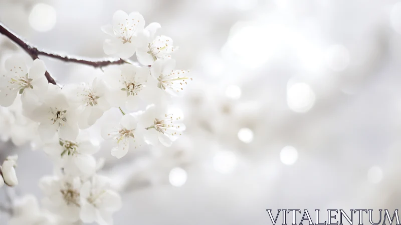White flowering branch with delicate petals and bokeh background.