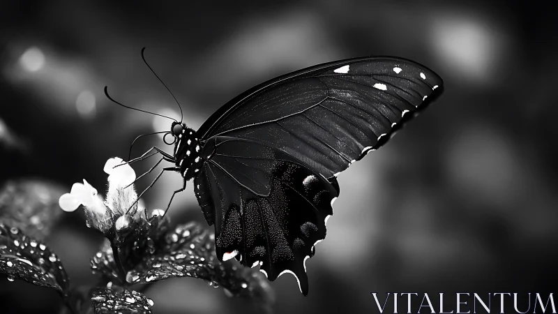 Graceful black butterfly resting softly on dewy petals.